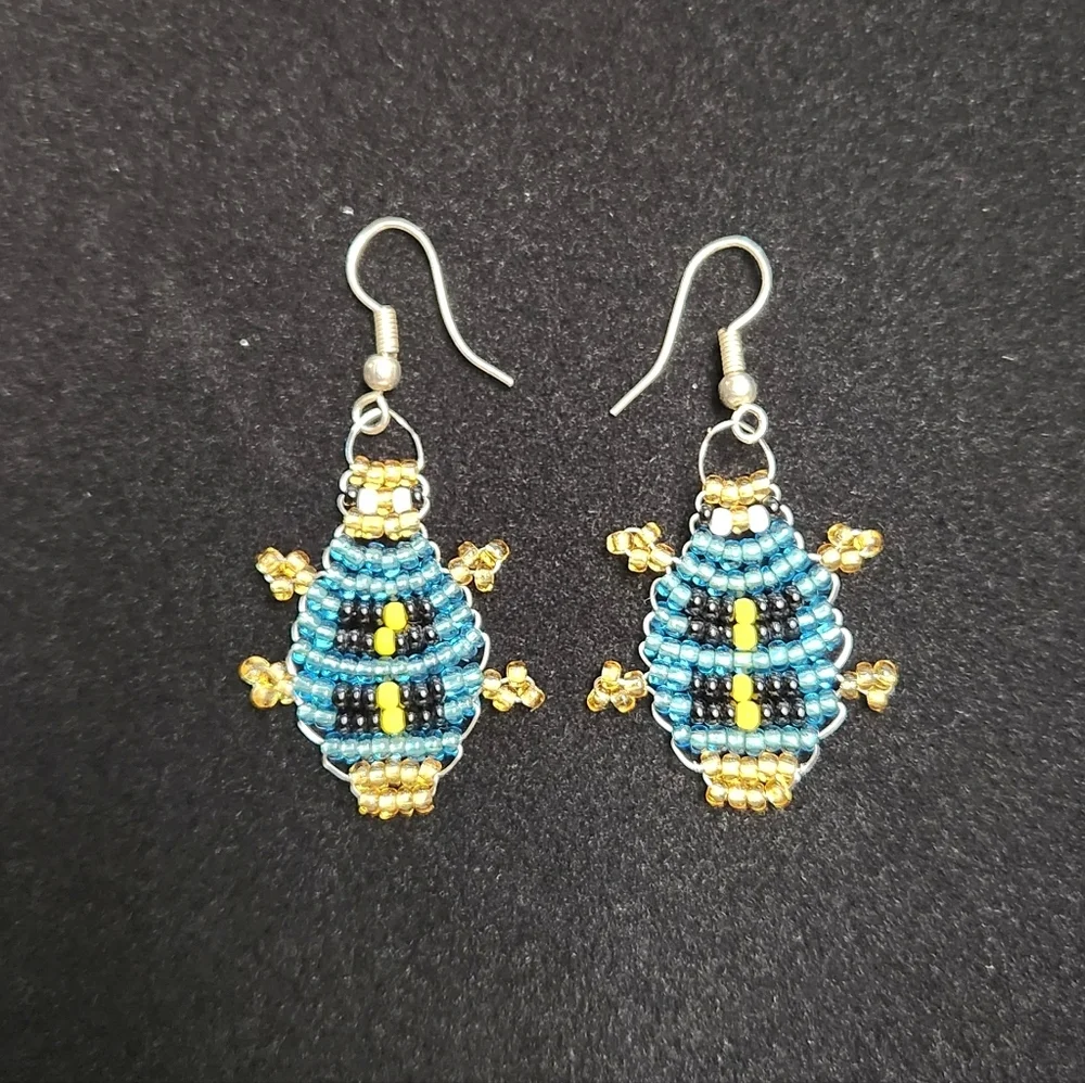 Handcrafted Beaded Blue and Gold Bug Earrings